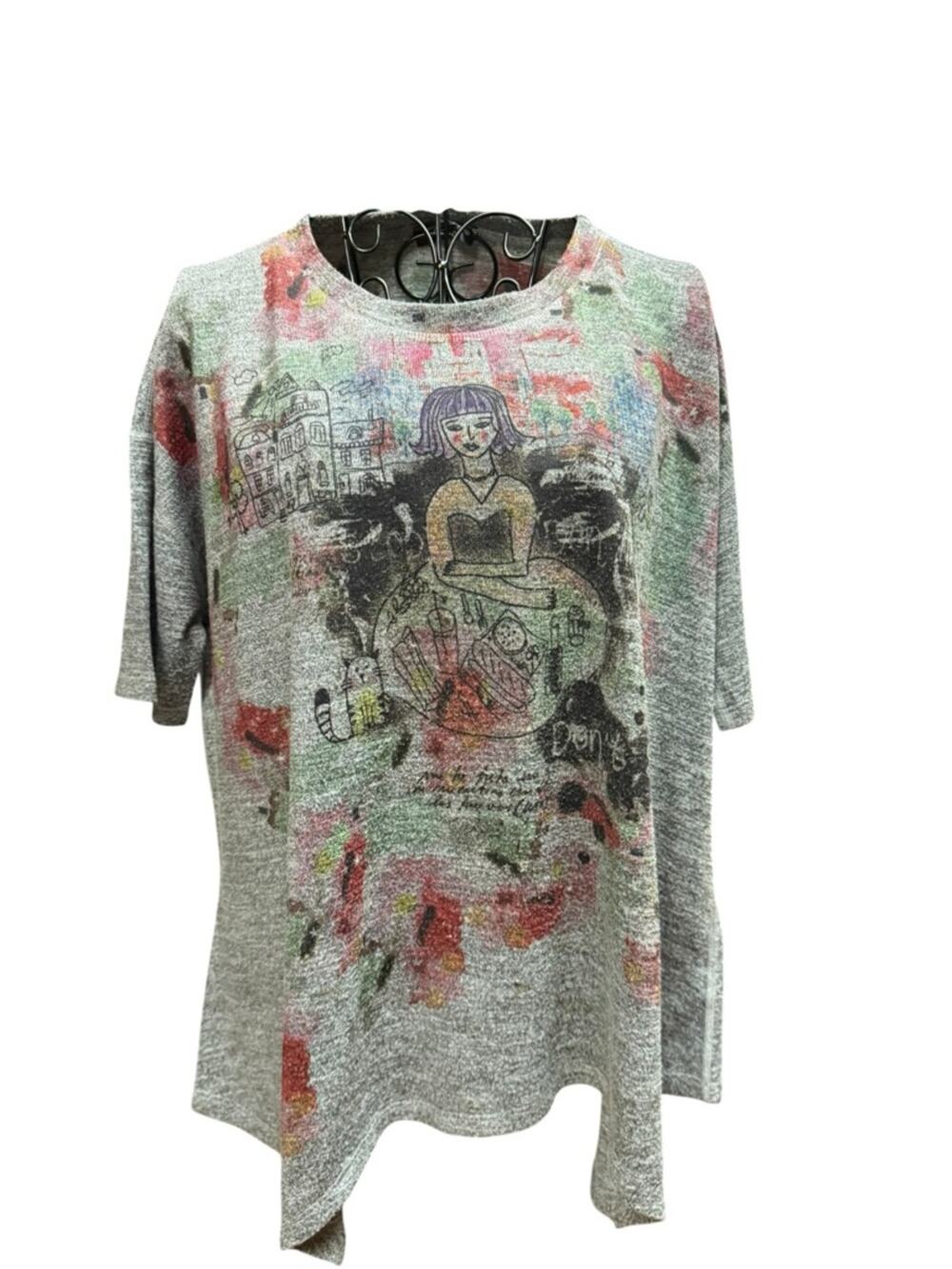 Y2K Gray Short-Sleeve Graphic Tee with Colorful Print Small